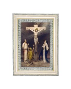 5 3/4" x 7 3/4" Antiqued Pearlized White and Silver Photo Frame with Chambers: The Crucifixion Print- P65