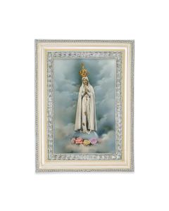 5 3/4" x 7 3/4" Antiqued Pearlized White and Silver Photo Frame with O.L. of Fatima Print-P65