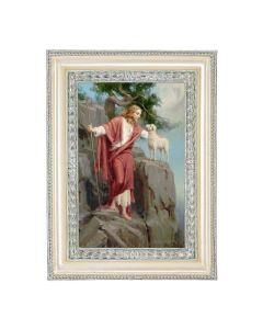 5 3/4" x 7 3/4" Antiqued Pearlized White and Silver Photo Frame with Chambers: Christ and The Lost Lamb Print- P65