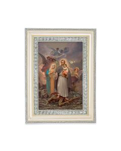 5 3/4" x 7 3/4" Antiqued Pearlized White and Silver Photo Frame with Saint Joseph Terror of Demons Print-P65