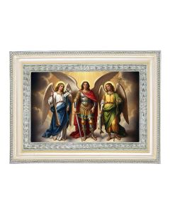 5 3/4" x 7 3/4" Antiqued Pearlized White and Silver Photo Frame with The Three Archangels Print- P65