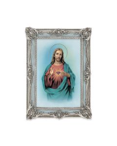 5 1/8" x 7 1/4"  Antiqued Powder Blue and Silver Photo Frame with Sacred Heart of Jesus Print-P65