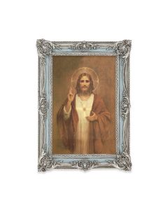 5 1/8" x 7 1/4" Antiqued Powder Blue and Silver Photo Frame with Chambers: Sacred Heart of Jesus Print-P65