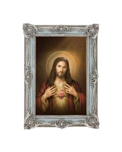 5 1/8" x 7 1/4" Antiqued Powder Blue and Silver Frame with Simeone: Sacred Heart of Jesus Print- P65