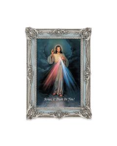 5 1/8" x 7 1/4"  Antiqued Powder Blue and Silver Photo Frame with Divine Mercy Print-P65