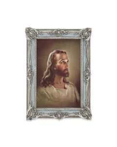 5 1/8" x 7 1/4" Antiqued Powder Blue and Silver Photo Frame with Sallman: Head of Christ Print-P65