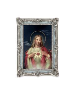5 1/8" x 7 1/4" Antiqued Powder Blue and Silver Photo Frame with Sacred Heart of Jesus Print-P65