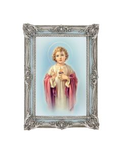 5 1/8" x 7 1/4" Antiqued Powder Blue and Silver Frame with Child Sacred Heart of Jesus Print- P65
