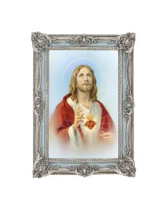 5 1/8" x 7 1/4" Antiqued Powder Blue and Silver  Frame with Sacred Heart of Jesus Print- P65