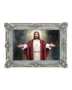 5 1/8" x 7 1/4" Antiqued Powder Blue and Silver Frame with CHAMBERS: Welcoming Jesus Print -P65