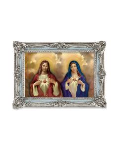 5 1/8" x 7 1/4"  Antiqued Powder Blue and Silver Photo Frame with The Sacred Hearts Print-P65