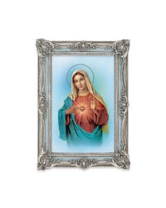 5 1/8" x 7 1/4"  Antiqued Powder Blue and Silver Photo Frame with Immaculate Heart of Mary Print-P65
