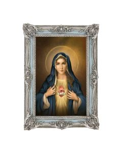 5 1/8" x 7 1/4" Antiqued Powder Blue and Silver Frame with Simeone: Immaculate Heart of Mary Print- P65