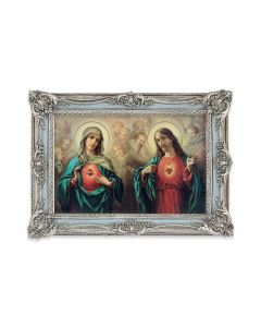 5 1/8" x 7 1/4" Antiqued Powder Blue and Silver Photo Frame with The Sacred Hearts Print-P65