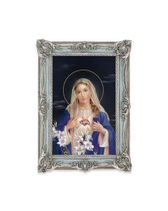5 1/8" x 7 1/4"  Antiqued Powder Blue and Silver Photo Frame with Immaculate Heart of Mary Print-P65