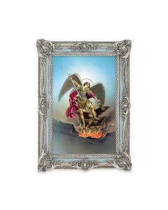 5 1/8" x 7 1/4"  Antiqued Powder Blue and Silver Photo Frame with Saint Michael Print-P65