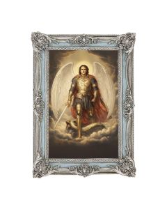 5 1/8" x 7 1/4" Antiqued Powder Blue and Silver  Frame with Archangel Saint Michael in Armor Print- P65