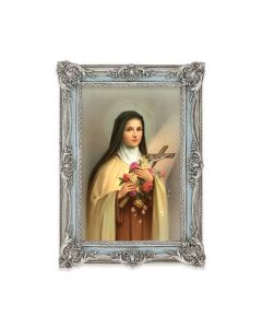 5 1/8" x 7 1/4"  Antiqued Powder Blue and Silver Photo Frame with Saint Therese Print-P65