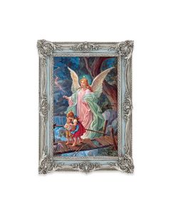 5 1/8" x 7 1/4"  Antiqued Powder Blue and Silver Photo Frame with Guardian Angel Print-P65