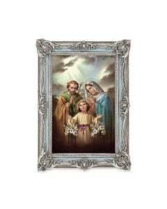 5 1/8" x 7 1/4"  Antiqued Powder Blue and Silver Photo Frame with Holy Family Print-P65