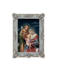 5 1/8" x 7 1/4"  Antiqued Powder Blue and Silver Photo Frame with Holy Family Print-P65