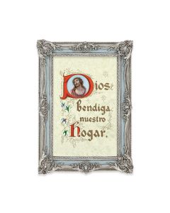 5 1/8" x 7 1/4"  Antiqued Powder Blue and Silver Photo Frame with House Blessing in Spanish Print-P65