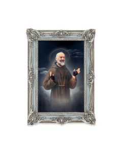 5 1/8" x 7 1/4"  Antiqued Powder Blue and Silver Photo Frame with Saint Pio Print-P65