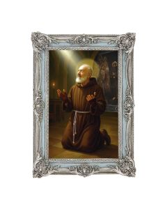 5 1/8" x 7 1/4" Antiqued Powder Blue and Silver Frame with Saint Pio at Prayer Print- P65