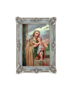 5 1/8" x 7 1/4"  Antiqued Powder Blue and Silver Photo Frame with Saint Joseph Print-P65
