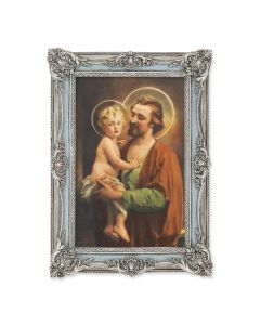 5 1/8" x 7 1/4" Antiqued Powder Blue and Silver Frame with CHAMBERS: St. Joseph with Jesus Print-P65