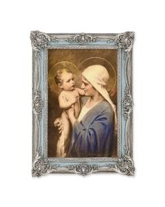 5 1/8" x 7 1/4" Antiqued Powder Blue and Silver Frame with Chambers: Jesus and Mary Print-P65