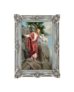 5 1/8" x 7 1/4" Antiqued Powder Blue and Silver Frame withwith CHAMBERS: Christ and The Lost Lamb Print - P65