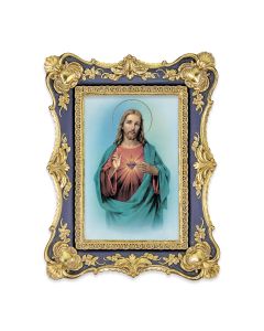 6 1/4" x 8 1/8"  Antiqued Dark Blue and Gold Photo Frame with Sacred Heart of Jesus Print-P65