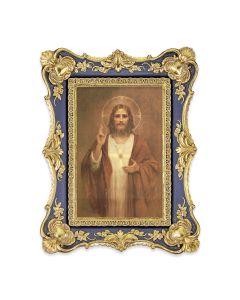 6 1/4" x 8 1/8" Antiqued Dark Blue and Gold Photo Frame with Chambers: Sacred Heart of Jesus Print-P65