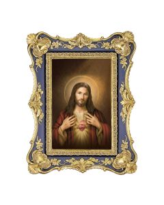 6 1/4" x 8 1/8" Antiqued Dark Blue and Gold Photo Frame with Simeone: Sacred Heart of Jesus Print- P65