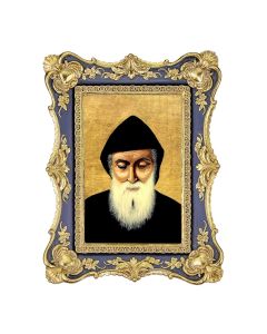 6 1/4" x 8 1/8"  Antiqued Dark Blue and Gold Photo Frame with St. Charbel Print- P65
