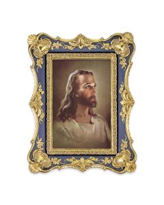 6 1/4" x 8 1/8"  Antiqued Dark Blue and Gold Photo Frame with Sallman: Head of Christ Print-P65