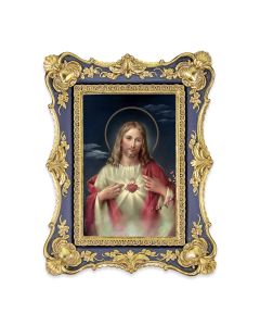 6 1/4" x 8 1/8" Antiqued Dark Blue and Gold Photo Frame with Sacred Heart of Jesus Print-P65