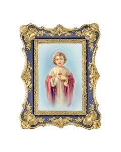6 1/4" x 8 1/8" Antiqued Dark Blue and Gold Photo Frame with Child Sacred Heart of Jesus Print- P65