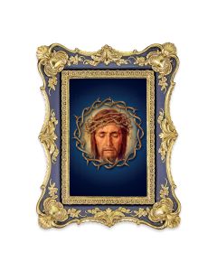 6 1/4" x 8 1/8"  Antiqued Dark Blue and Gold Photo Frame with Holy Face Print-P65