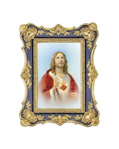 6 1/4" x 8 1/8"  Antiqued Dark Blue and Gold Photo Frame with Sacred Heart of Jesus Print- P65