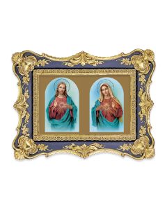 6 1/4" x 8 1/8" Antiqued Dark Blue and Gold Photo Frame with The Sacred Hearts Print-P65