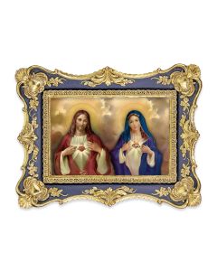 6 1/4" x 8 1/8"  Antiqued Dark Blue and Gold Photo Frame with The Sacred Hearts Print-P65