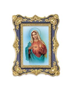 6 1/4" x 8 1/8"  Antiqued Dark Blue and Gold Photo Frame with Immaculate Heart of Mary Print-P65