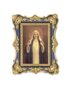 6 1/4" x 8 1/8"  Antiqued Dark Blue and Gold Photo Frame with Chambers: Immaculate Heart of Mary Print-P65
