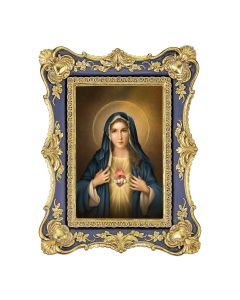 6 1/4" x 8 1/8" Antiqued Dark Blue and Gold Photo Frame with Simeone: Immaculate Heart of Mary Print- P65