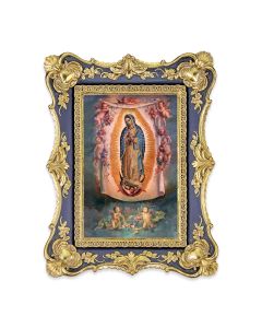 6 1/4" x 8 1/8"  Antiqued Dark Blue and Gold Photo Frame with O.L. of Guadalupe Print-P65