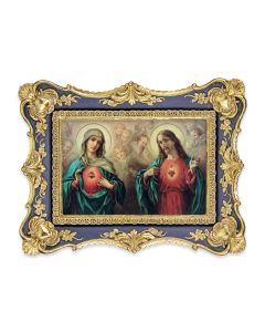 6 1/4" x 8 1/8"  Antiqued Dark Blue and Gold Photo Frame with The Sacred Hearts Print-P65