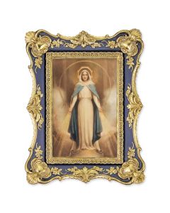 6 1/4" x 8 1/8"  Antiqued Dark Blue and Gold Photo Frame with Chambers: Miraculous Mary Print-P65