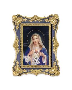 6 1/4" x 8 1/8"  Antiqued Dark Blue and Gold Photo Frame with Immaculate Heart of Mary Print-P65